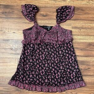Y2K‎ Floral Black Pink Smocked Sleeveless Sheer Blouse Women L Coquette Boho